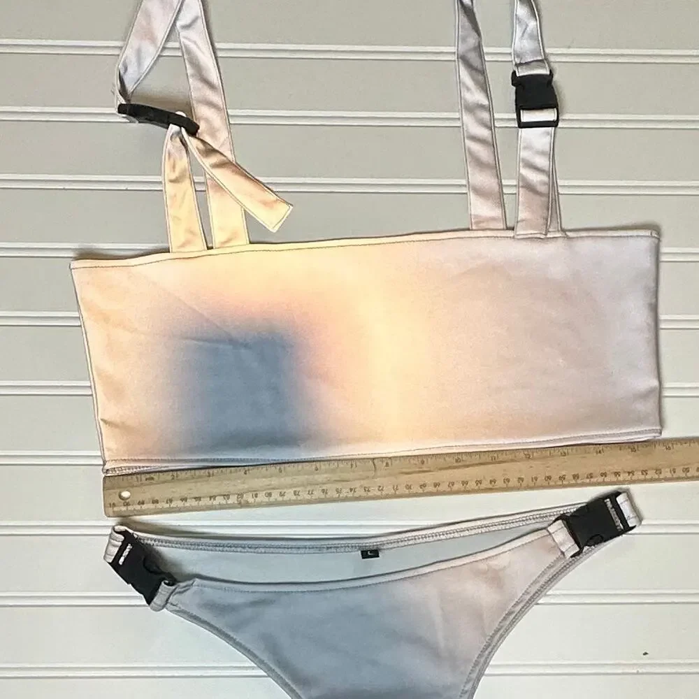 Women 2 Piece Swimsuit Reflective Silver Bikini Set Large Buckle Strap High Cut - Picture 6 of 11